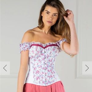 FLORAL PUFF SLEEVE SUMMER OVERBUST CORSET WITH RASPBERRY PINK TRIM